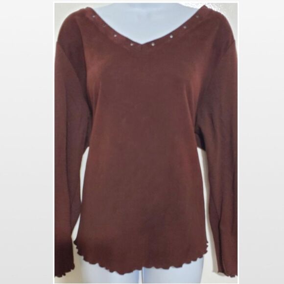 Vintage Brown Long Sleeve V-neck Top - Picture 2 of 16
